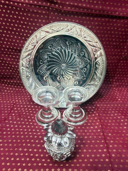 german silver plate with 2 diya and mangal kalash for diwali/ housewarming, 4 pieces set